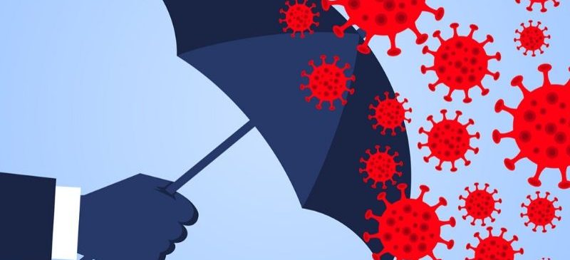 Illustration d'un bras bleu foncé qui tient un parapluie bleu foncé pour se défendre du coronavirus